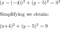 (x-(-4))^2+(y-5)^2=3^2\\\\$Simplifying we obtain:\\\\(x+4)^2+(y-5)^2=9