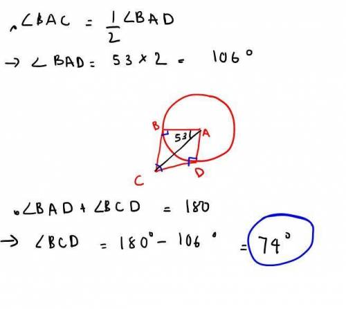Angle BCD is a circumscribed angle of circle A. Angle BAC measures 53°. What is the measure of angle