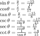 \sin \theta =\frac{y}{r}=\frac{-15}{17}\\cos \theta =\frac{x}{r}=\frac{8}{17}\\\tan  \theta =\frac{y}{x}=\frac{-15}{8}\\\csc \theta =\frac{1}{\sin \theta }=\frac{-17}{15}\\\sec \theta =\frac{1}{cos \theta}=\frac{17}{8}\\\cot \theta =\frac{1}{\tan  \theta}=\frac{-8}{15}