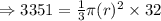 \Rightarrow 3351=\frac{1}{3}\pi (r)^2\times 32