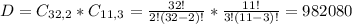 D = C_{32,2}*C_{11,3} = \frac{32!}{2!(32-2)!}*\frac{11!}{3!(11-3)!} = 982080