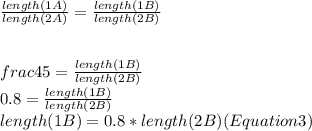 \frac{length(1A)}{length(2A)}=\frac{length(1B)}{length(2B)}  \\\\\\frac{4}{5}= \frac{length(1B)}{length(2B)}\\0.8=\frac{length(1B)}{length(2B)}\\length(1B)=0.8*length(2B) (Equation 3)
