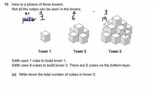 Edith uses 1 cube to build tower 1. Edith uses 6 cubes to build tower 2. There are 5 cubes on the bo