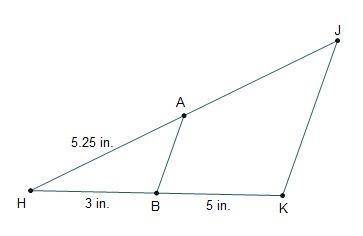 What is the length of Line segment A J if Line segment A B is parallel to lines segment J K? 8 in. 8