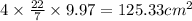 4 \times \frac{22}{7} \times 9.97=125.33 cm^2