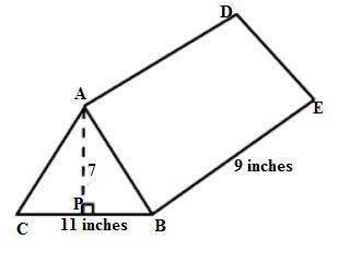 A triangular prism. The triangular base has a base of 11 inches and height of 7 inches. The height i
