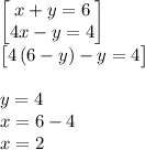\begin{bmatrix}x+y=6\\ 4x-y=4\end{bmatrix}\\\begin{bmatrix}4\left(6-y\right)-y=4\\\end{bmatrix}\\\\y=4\\x=6-4\\x=2