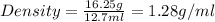 Density=\frac{16.25g}{12.7ml}=1.28g/ml