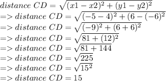 distance \ CD = \sqrt{(x1-x2)^2+ (y1-y2)^2}\\=distance \ CD = \sqrt{(-5-4)^2+ (6-(-6)^2}\\=distance \ CD = \sqrt{(-9)^2+ (6+6)^2}\\=distance \ CD = \sqrt{81+ (12)^2}\\=distance \ CD = \sqrt{81+ 144}\\=distance \ CD = \sqrt{225}\\=distance \ CD = \sqrt{15^2}\\=distance \ CD = 15