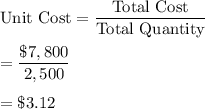 \text{Unit Cost}=\dfrac{\text{Total Cost}}{\text{Total Quantity}}\\\\=\dfrac{\$7,800}{2,500}\\\\=\$3.12