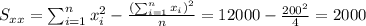 S_{xx}=\sum_{i=1}^n x^2_i -\frac{(\sum_{i=1}^n x_i)^2}{n}=12000-\frac{200^2}{4}=2000