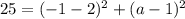 25 = (-1-2)^2 + (a-1)^2