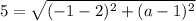 5 = \sqrt{(-1-2)^2 + (a-1)^2}