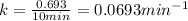 k=\frac{0.693}{10min}=0.0693min^{-1}