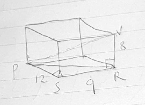 A container is in the shape of the rectangular prism shown. Stan measures the length of PS as 12 fee