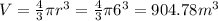 V=\frac{4}{3} \pi r^3=\frac{4}{3} \pi 6^3=904.78m^3