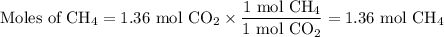 \text{Moles of CH}_{4} = \text{1.36 mol CO}_{2} \times \dfrac{\text{1 mol CH}_{4}}{\text{1 mol CO}_{2}} = \text{1.36 mol CH}_{4}