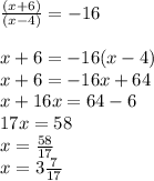 \frac{(x + 6)}{(x - 4)}  =  - 16 \\  \\ x + 6 =  - 16(x - 4) \\ x + 6 =  - 16x + 64 \\ x + 16x = 64 - 6 \\ 17x = 58 \\ x =  \frac{58}{17}  \\ x =  3\frac{7}{17}  \\