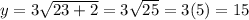 y=3\sqrt{23+2}=3\sqrt{25}=3(5)=15