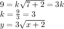 9=k\sqrt{7+2}=3k\\ k=\frac{9}{3}=3\\ y=3\sqrt{x+2}