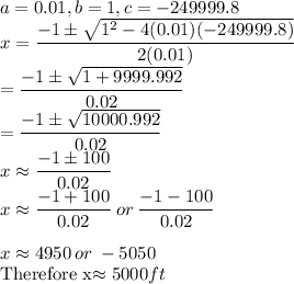 a=0.01, b=1, c=-249999.8\\x=\dfrac{-1\pm\sqrt{1^2-4(0.01)(-249999.8)} }{2(0.01)}\\=\dfrac{-1\pm\sqrt{1+9999.992} }{0.02}\\=\dfrac{-1\pm\sqrt{10000.992} }{0.02}\\x\approx \dfrac{-1\pm100 }{0.02}\\x\approx \dfrac{-1+100 }{0.02}\: or\:\dfrac{-1-100 }{0.02}\\\\x\approx4950\: or\: -5050 \\$Therefore x\approx 5000ft
