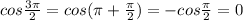cos\frac{3\pi }{2} = cos (\pi +\frac{\pi }{2} ) = -cos\frac{\pi }{2} =0