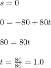 s=0\\\\0=-80+80t\\\\80=80t\\\\t=\frac{80}{80}=1.0