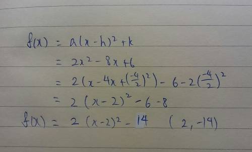 How do you complete the square?  use f(x) = 2x^2 − 8x + 6 as an example. will mark brainliest