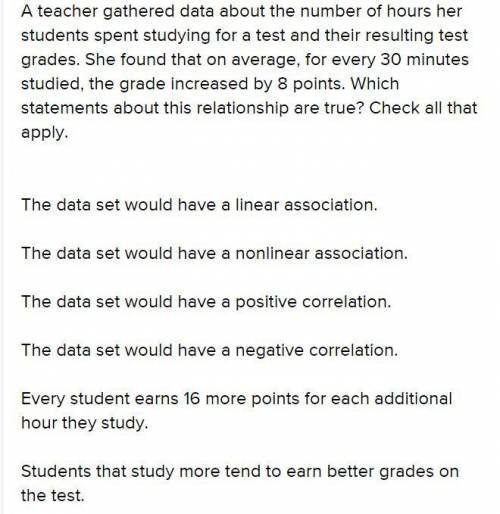 A teacher gathered data about the number of hours her students spent studying for a test and their r