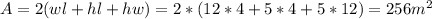 A=2(wl+hl+hw)=2*(12*4+5*4+5*12)=256m^2