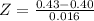 Z = \frac{0.43 - 0.40}{0.016}
