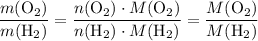 \begin{aligned}& \frac{m(\mathrm{O_2})}{m(\mathrm{H_2})} = \frac{n(\mathrm{O_2})\cdot M(\mathrm{O_2})}{n(\mathrm{H_2})\cdot M(\mathrm{H_2})} = \frac{M(\mathrm{O_2})}{M(\mathrm{H_2})}\end{aligned}