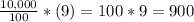 \frac{10,000}{100}*(9)=100*9=900