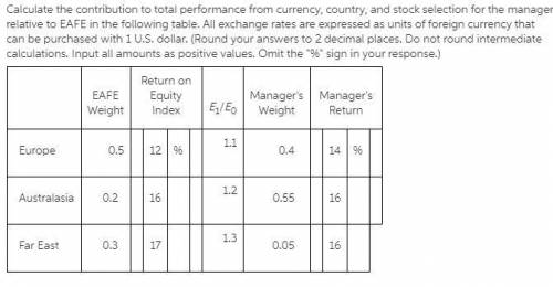 Quizet Calculate the contribution to total performance from currency, country, and stock selection f