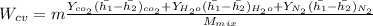 W_{cv}= m\frac{Y_{co_2}(\bar{h_1}-\bar{h_2})_{co_2}+Y_{H_2o}(\bar{h_1}-\bar{h_2})_{H_2o}+Y_{N_2}(\bar{h_1}-\bar{h_2})_{N_2}}{M_{mix}}
