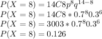 P(X=8) = 14C8 p^{8} q^{14-8} \\P(X=8) = 14C8 * 0.7^{8} 0.3^{6}\\P(X=8) = 3003 * 0.7^{8} 0.3^{6}\\P(X=8) = 0.126
