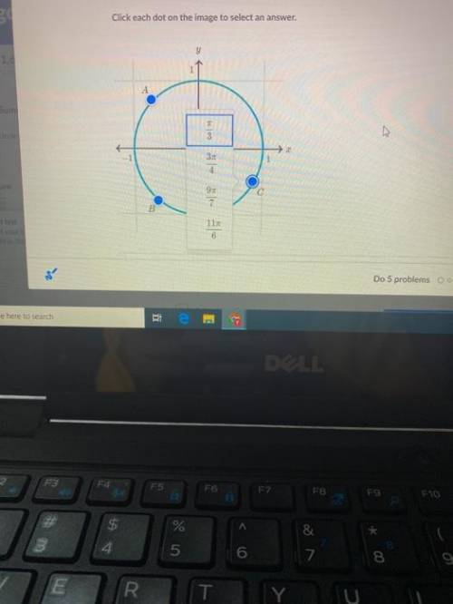 For each point on the unit circle, select the angle that corresponds to it. Click each dot on the im