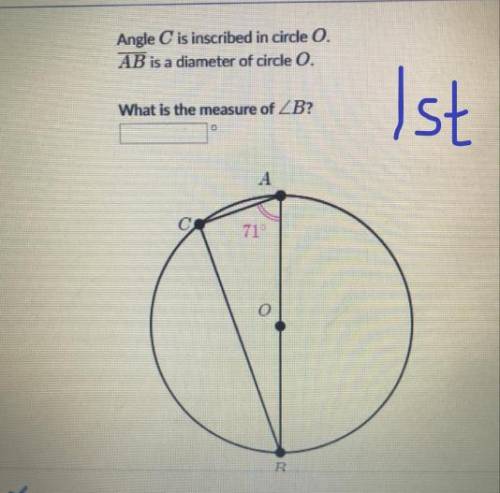 Angle C is inscribed in circle O. AB is a diameter of circle O. what is angle b