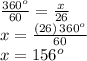 \frac{360^o}{60} =\frac{x}{26}\\x=\frac{(26)\,360^o}{60} \\x=156^o