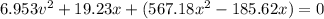 6.953v^2+19.23x+(567.18x^2-185.62x)=0\\\\\v^2=-81.573x62+23.931x---(1)