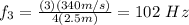 f_{3}=\frac{(3)(340m/s)}{4(2.5m)}=102\ Hz
