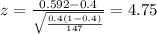 z=\frac{0.592 -0.4}{\sqrt{\frac{0.4(1-0.4)}{147}}}=4.75