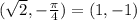 (\sqrt{2},-\frac{\pi}{4}) = (1, -1)