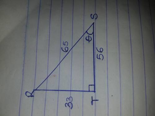 In ΔRST, the measure of ∠T=90°, RT = 33, SR = 65, and TS = 56. What is the value of the sine of ∠S t