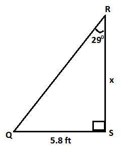 In ΔQRS, the measure of ∠S=90°, the measure of ∠R=29°, and SQ = 5.8 feet. Find the length of RS to t