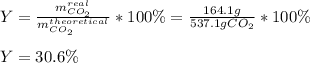 Y=\frac{m_{CO_2}^{real}}{m_{CO_2}^{theoretical}}*100 \% =\frac{164.1g}{537.1gCO_2} *100 \%\\\\Y=30.6\%