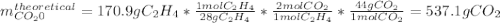 m_{CO_20}^{theoretical}=170.9gC_2H_4*\frac{1molC_2H_4}{28gC_2H_4}*\frac{2molCO_2}{1molC_2H_4} *\frac{44gCO_2}{1molCO_2} =537.1gCO_2
