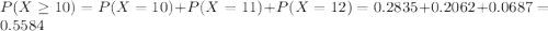 P(X \geq 10) = P(X = 10) + P(X = 11) + P(X = 12) = 0.2835 + 0.2062 + 0.0687 = 0.5584