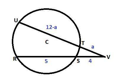 UV and RV are secant segments that intersect at point V. Circle C is shown. Secants U V and R V inte