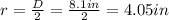 r = \frac{D}{2}=\frac{8.1 in}{2}= 4.05 in